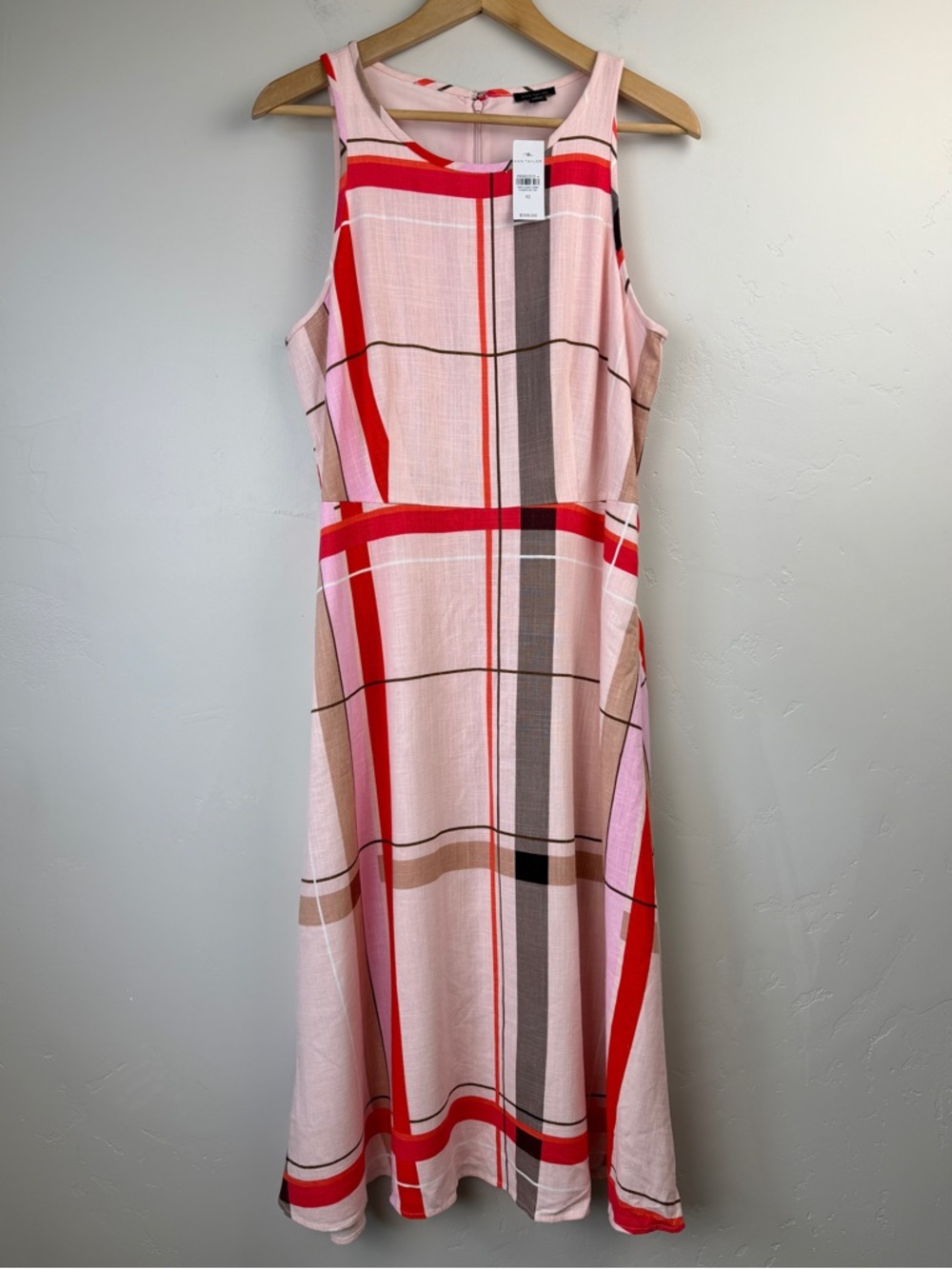 Ann Taylor Pink Plaid Sleeveless Linen Blend Midi Dress Size 10 NWT